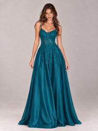 Lace Applique Satin A-Line Prom Dress with Sheer Bodice