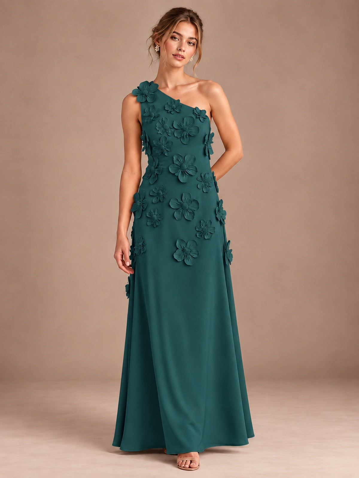 Peacock- One Shoulder Satin Formal Maxi Dress with 3D Floral