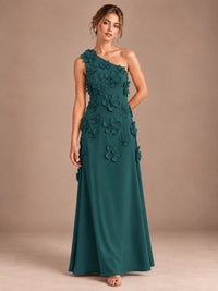 Peacock- One Shoulder Satin Formal Maxi Dress with 3D Floral