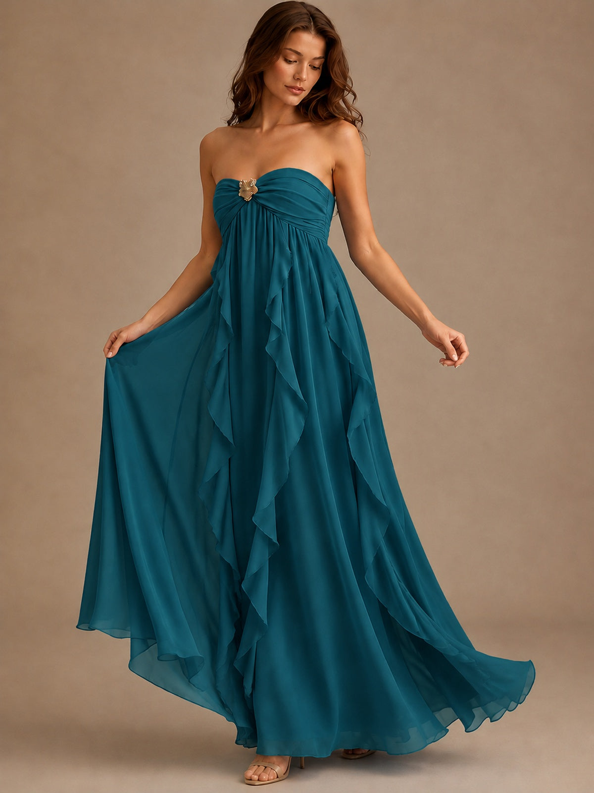 Srapless Sweetheart Chiffon Prom Dress Ruffle Formal Evening Gown