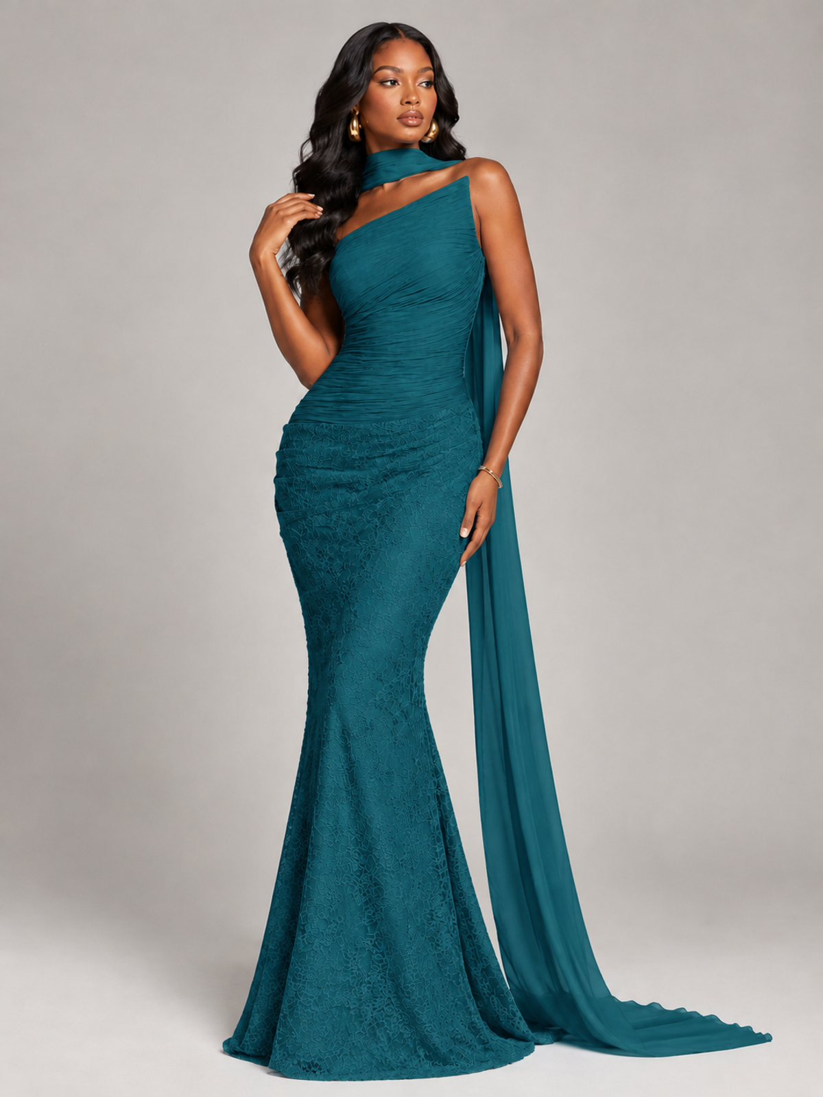Pleated Chiffon Lace Prom Dresses Long Bodycon Mermaid with Scarf