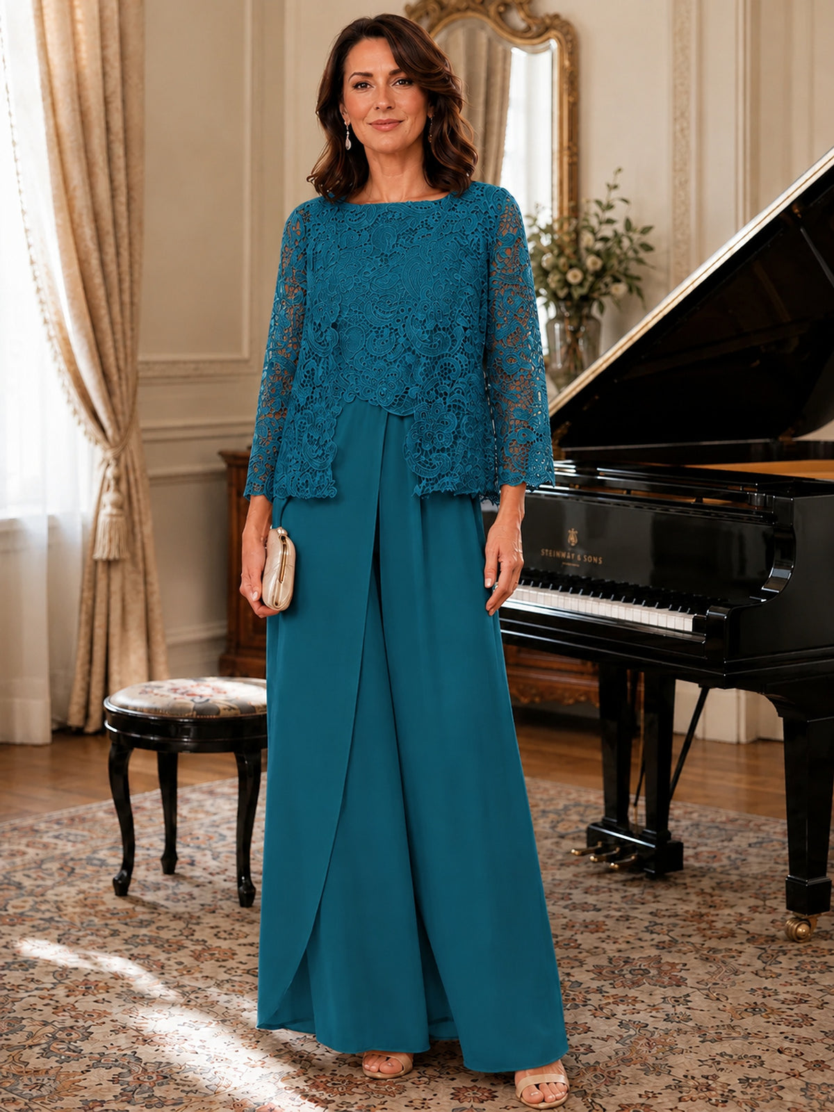 Elegant 3-Piece Chiffon Mother of the Bride Pantsuit with Floral Applique Jacket