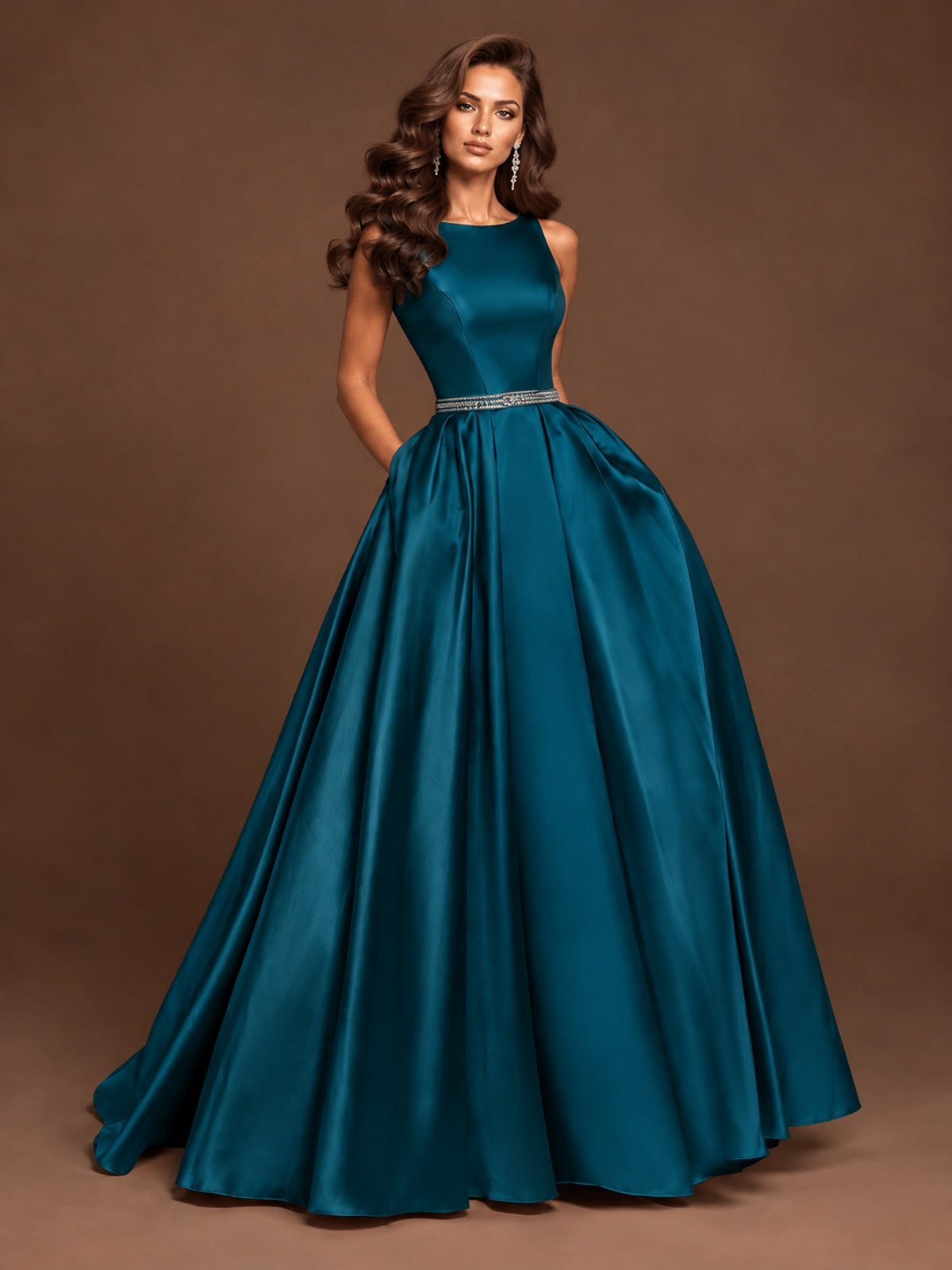 Satin A-Line Prom Dress Sleeveless Beaded Waist Formal Gown with Pockets