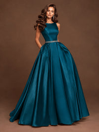 Satin A-Line Prom Dress Sleeveless Beaded Waist Formal Gown with Pockets