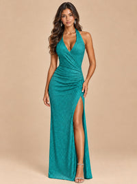 Halter V-Neck Sequin Mermaid Prom Dress with High Slit