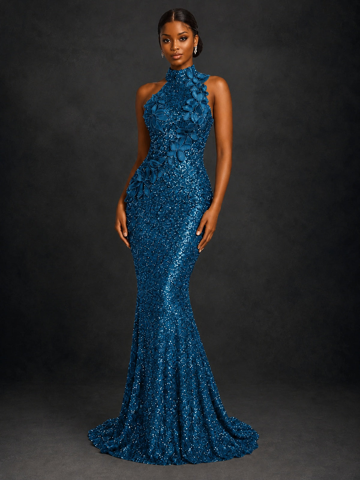 Sparkly Sequin High Neck Mermaid Prom Dress