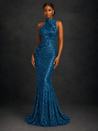 Sparkly Sequin High Neck Mermaid Prom Dress