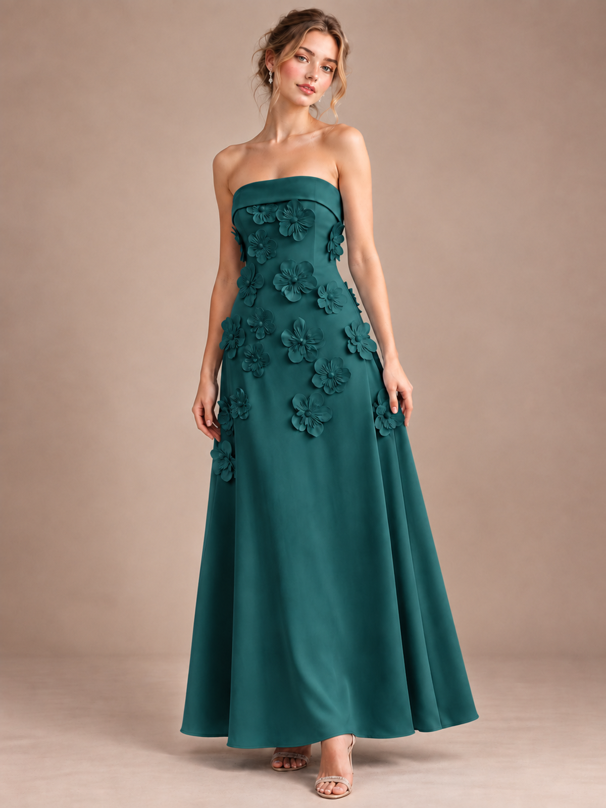 Peacock Strapless 3D Floral Appliques Maxi Dress