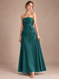 Peacock Strapless 3D Floral Appliques Maxi Dress