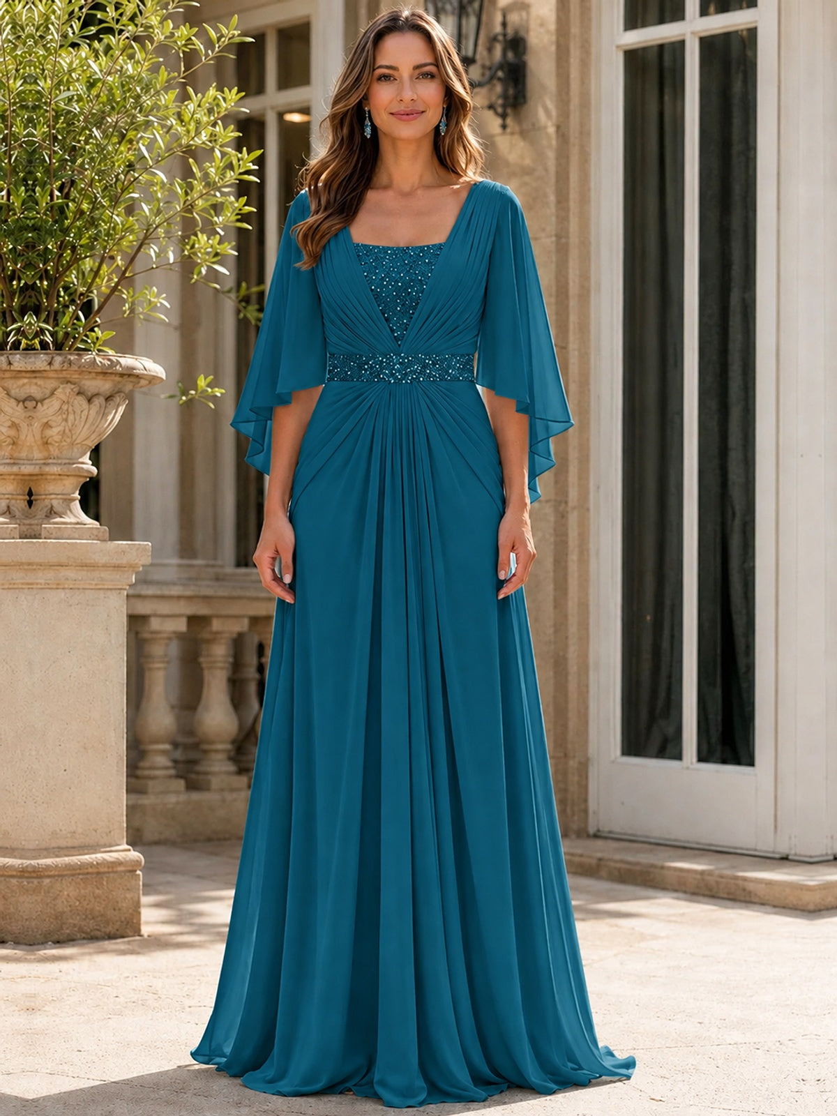 Elegant V-Neck Sequined Chiffon Mother of the Bride Dress with Flutter Sleeves