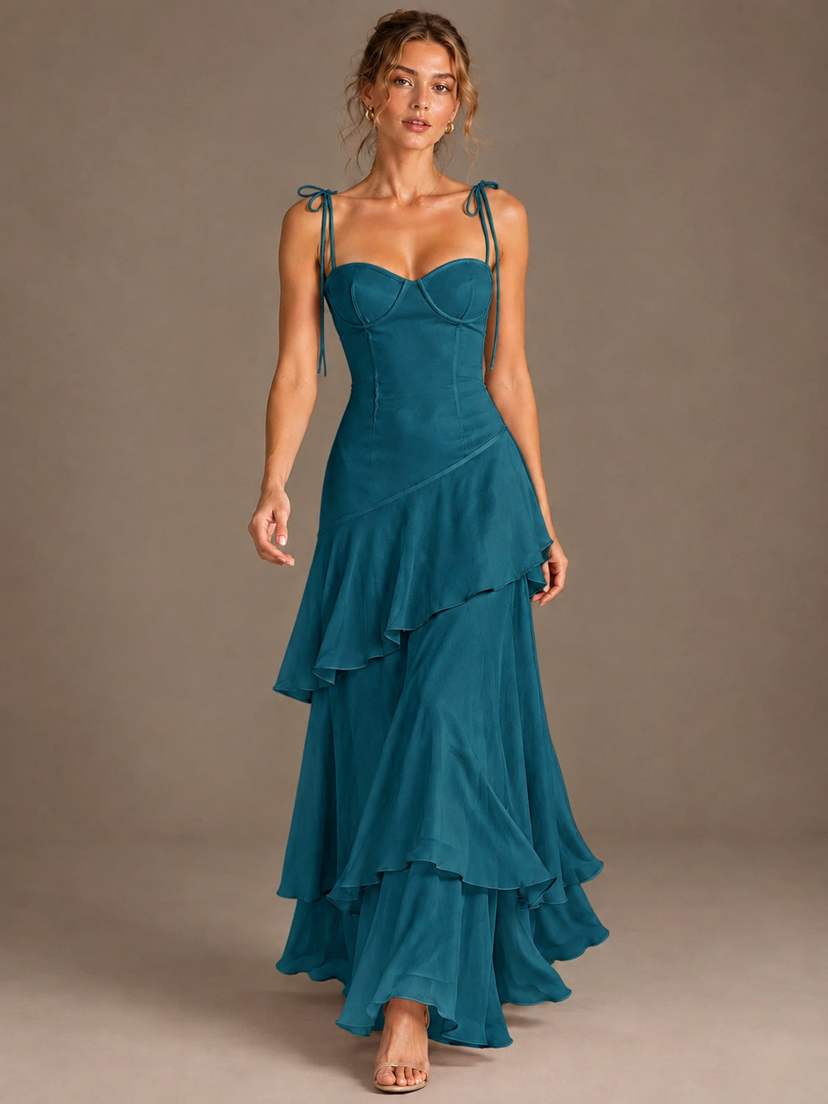 Spaghetti Strap Tiered Ruffles Chiffon Prom Dress