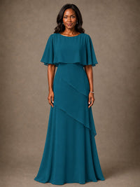 Taupe Chiffon A-Line Mother of the Bride Dress with Cape Sleeves