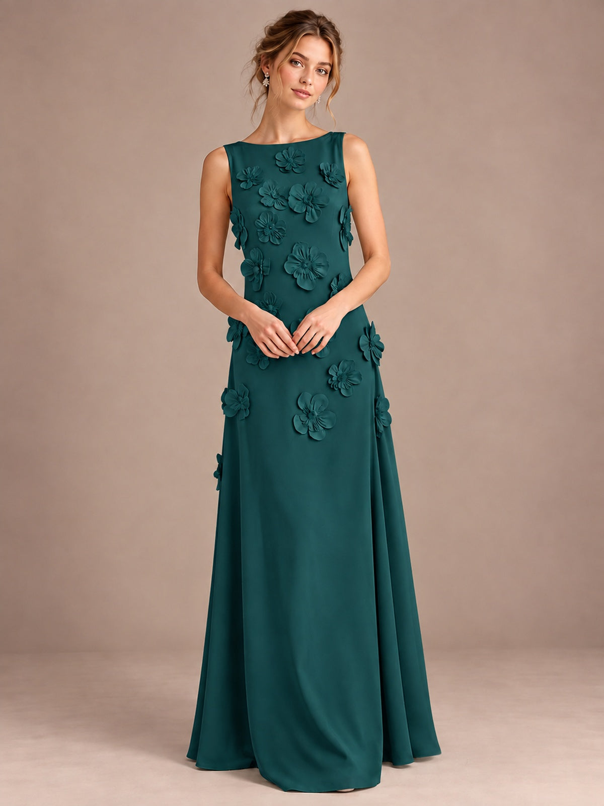 3D Floral Applique Sleeveless Formal Maxi Dress