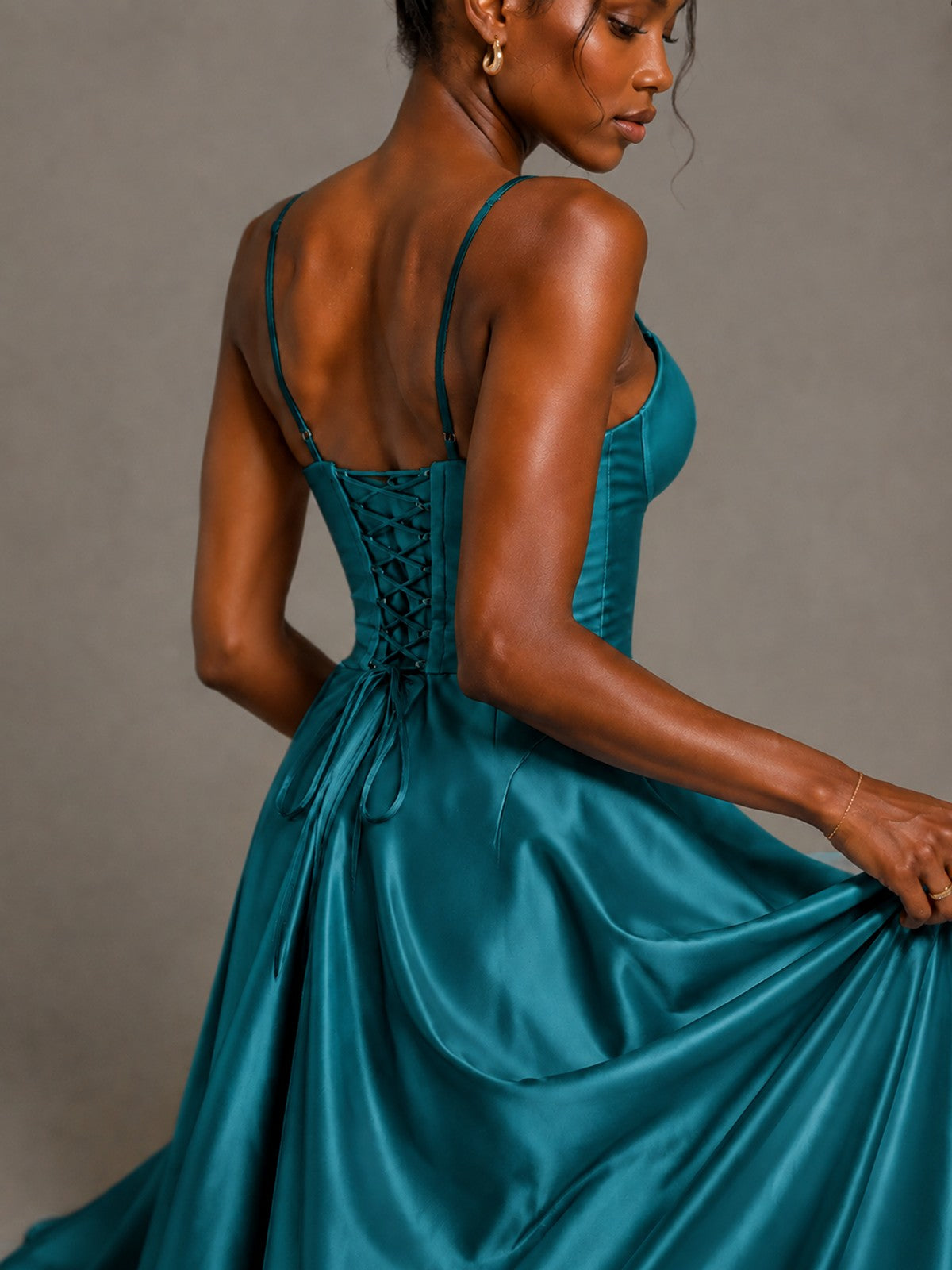 Lavender V Neck Satin Prom Dress with Spaghetti Straps