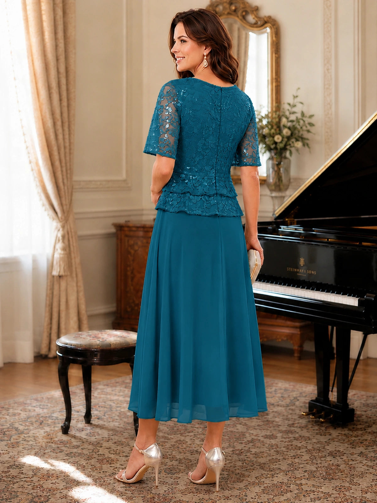 Tea-Length Chiffon Mother of the Bride Dress with Sequin Lace Sleeves