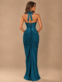 Sweetheart Halter Prom Dress Pleated Lace Floral Formal Dress with Slit