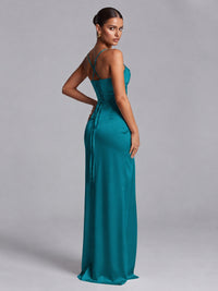 Square Neck Satin Long Prom Dress with Ruffles