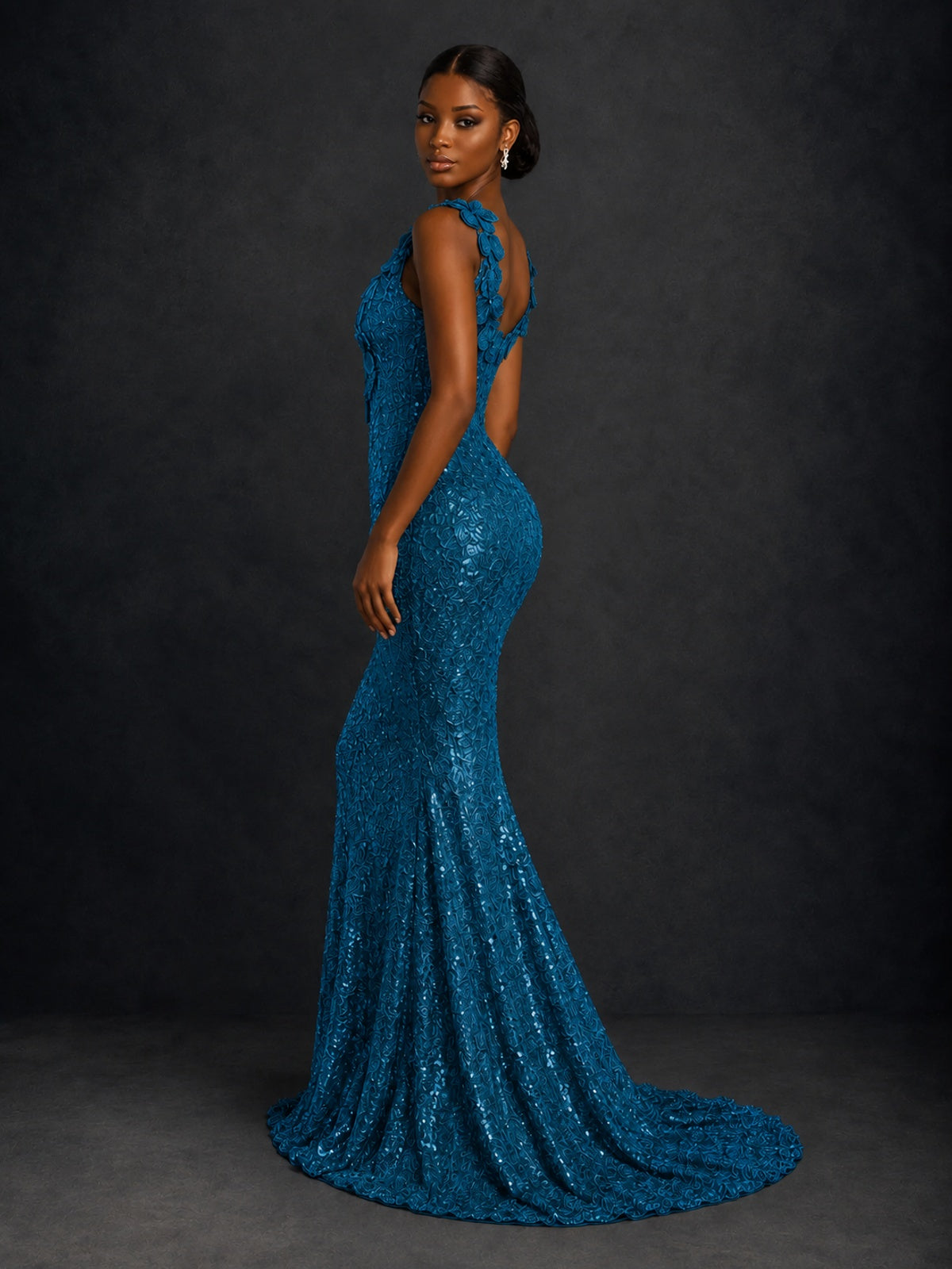 Gold Sequin Floral Applique Mermaid Prom Dress
