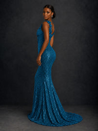 Gold Sequin Floral Applique Mermaid Prom Dress