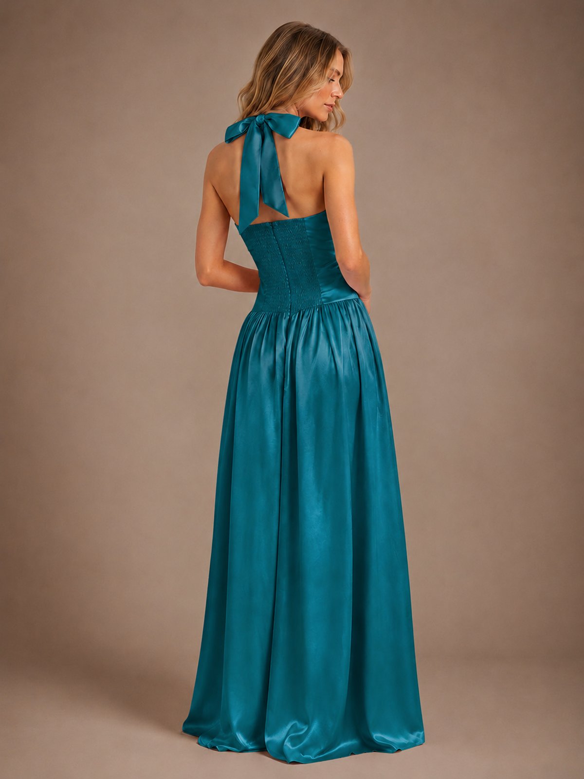 Pink V Neck Halter Satin Maxi Dress