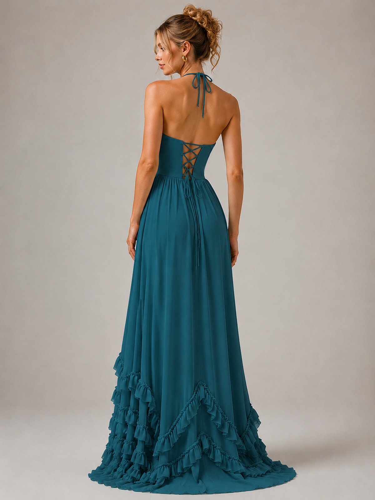 Halter V Neck Chiffon Formal Dress with Lace-Up Back and Ruffle Hem