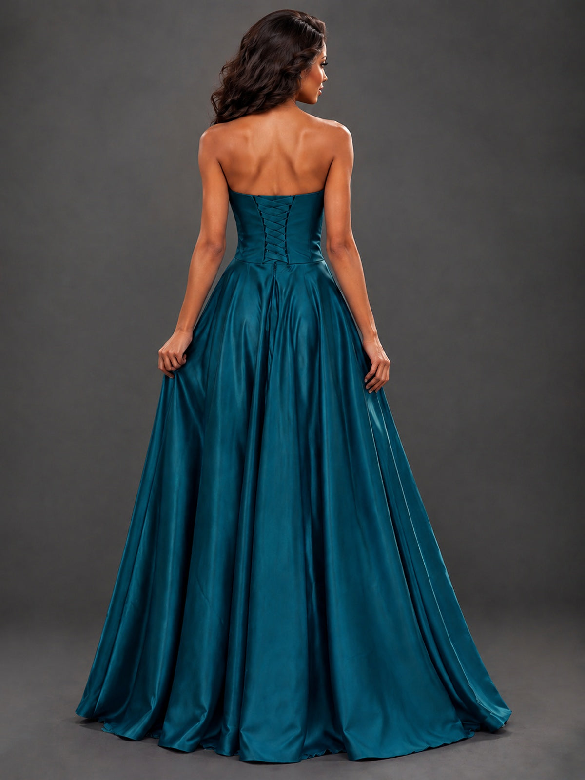 Draped Satin Prom Dress Strapless A-line Formal Dress Floor Length