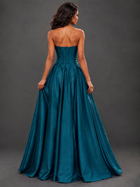Draped Satin Prom Dress Strapless A-line Formal Dress Floor Length