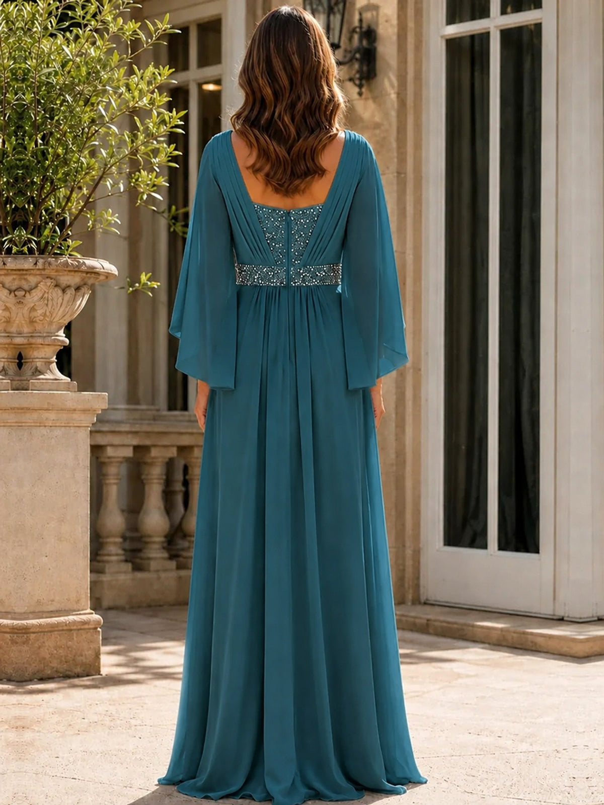Elegant V-Neck Sequined Chiffon Mother of the Bride Dress with Flutter Sleeves