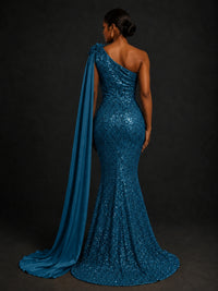 Gold Sequin One Shoulder Mermaid Prom Dress with Cape