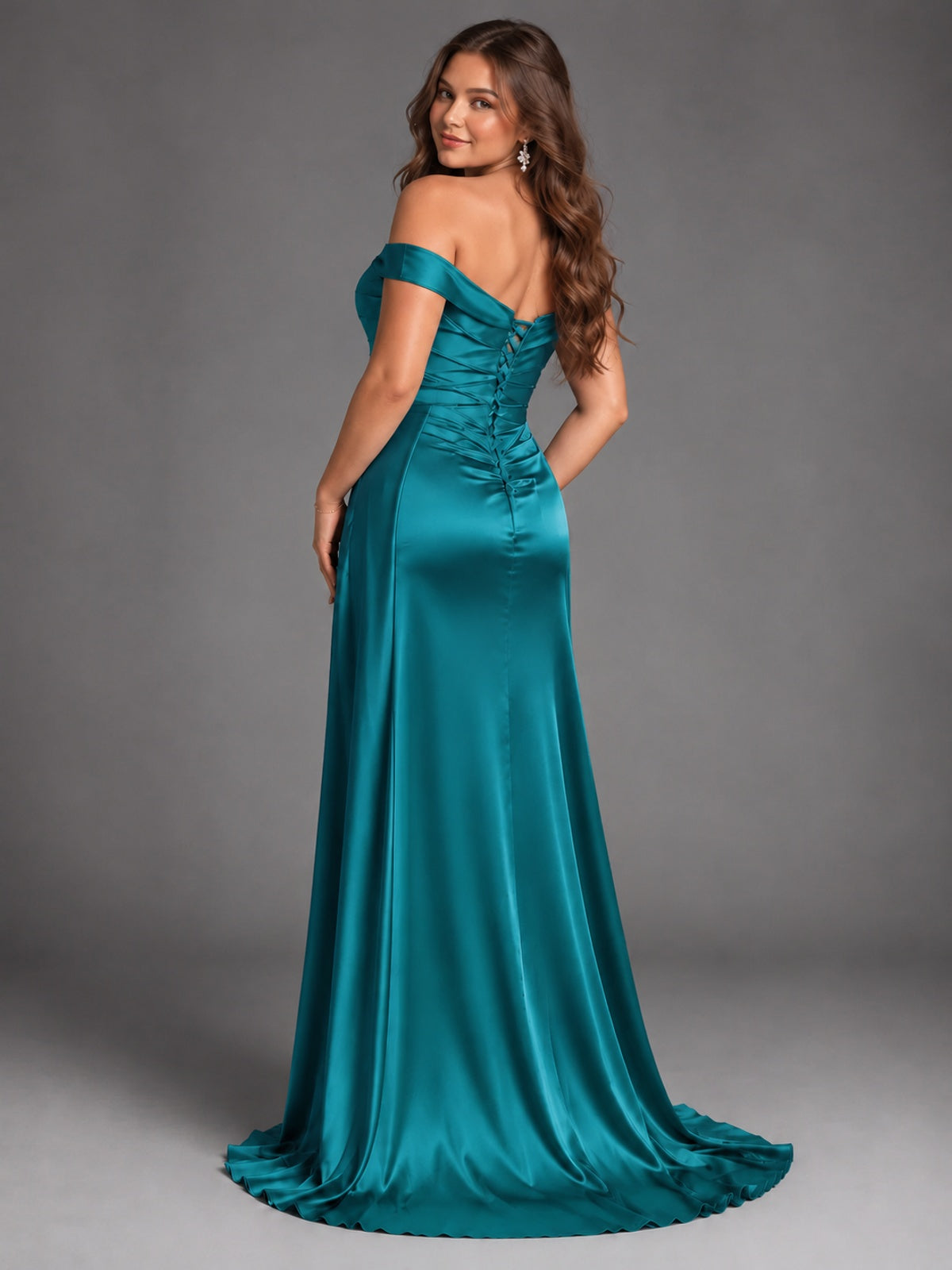 Off Shoulder Satin Maxi Dress with Slit