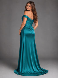 Off Shoulder Satin Maxi Dress with Slit