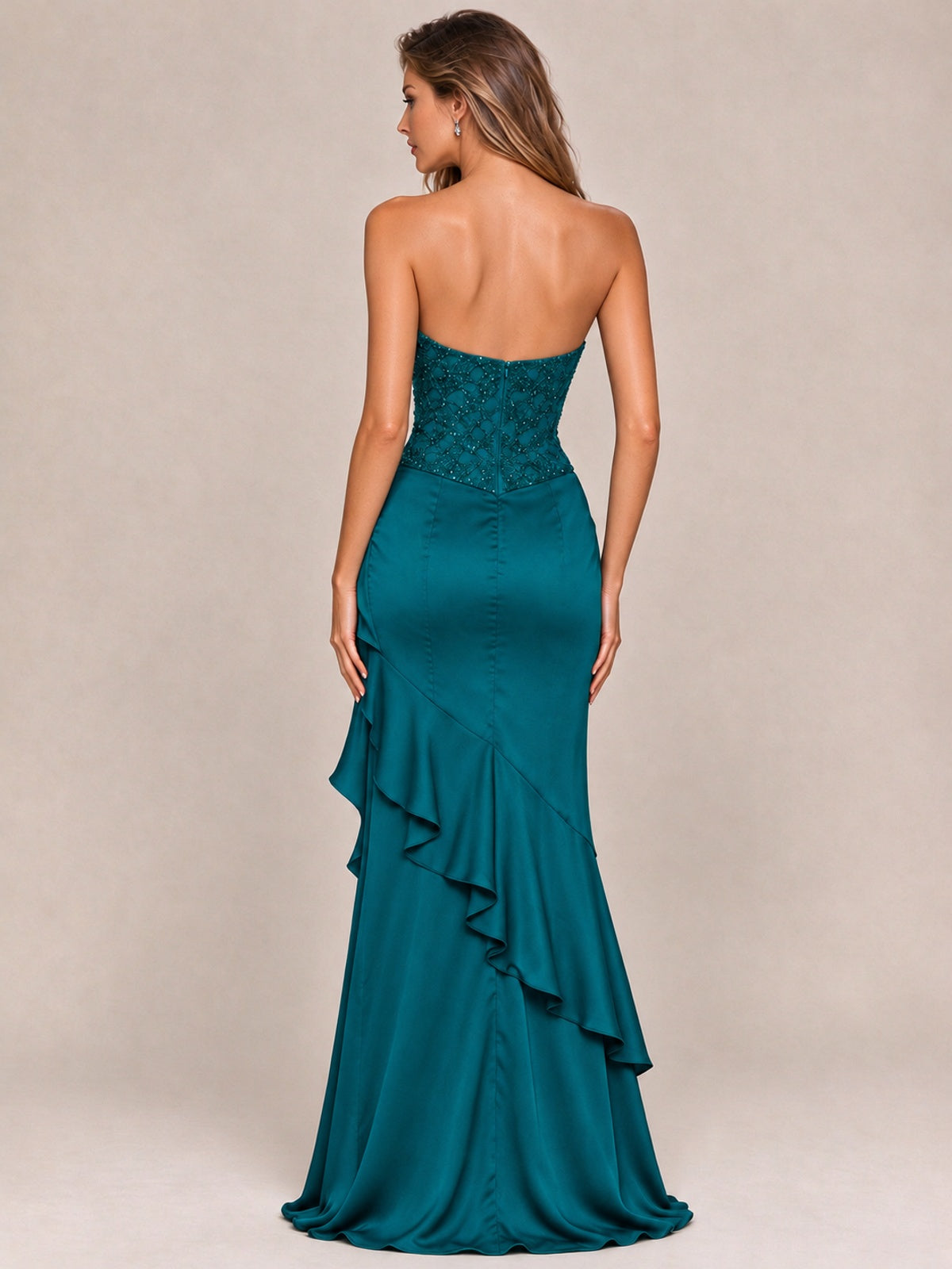 Strapless Lace Appliques Corset Satin Prom Dress Ruffle Slit Evening Gown
