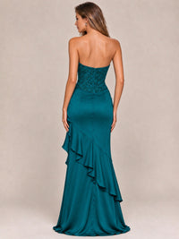 Strapless Lace Appliques Corset Satin Prom Dress Ruffle Slit Evening Gown