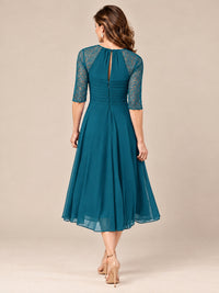 Tea-Length Mother of the Bride Dress with Lace 3/4 Sleeves