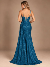 Burgundy Sequin Corset Prom Dress with High Slit