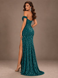 Off the Shoulder Corset Sequin Mermaid Prom Dress with Slit