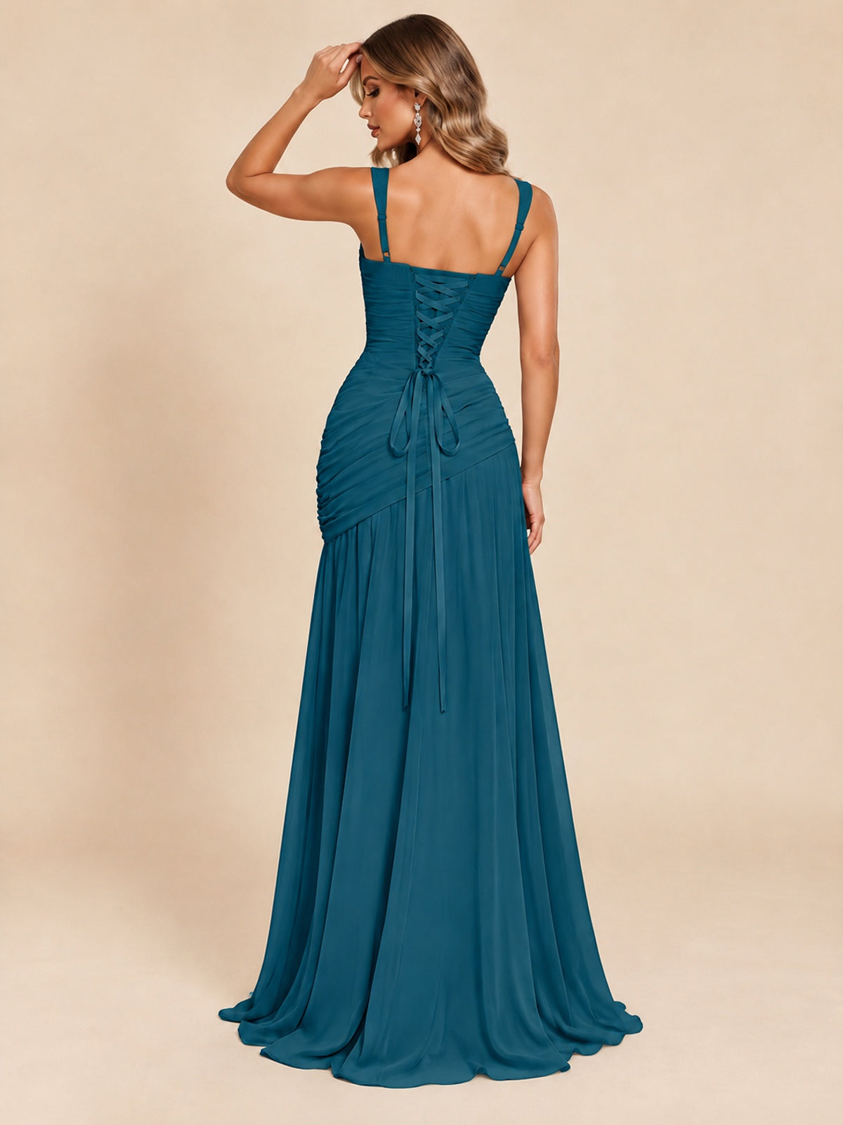 Wrap Pleated Prom Dress Scoop Neck with Slit Women Wedding Formal Dress