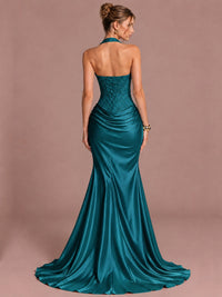 Sparkling Halter Corset Satin Mermaid Prom Dress