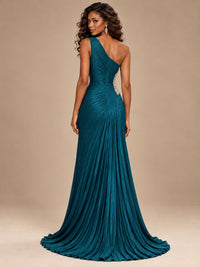 Burgundy One Shoulder Ruched Prom Dress with High Slit & Beaded Waist