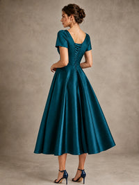 V-Neck Tea-Length Satin Mother of the Bride Dress with Bow