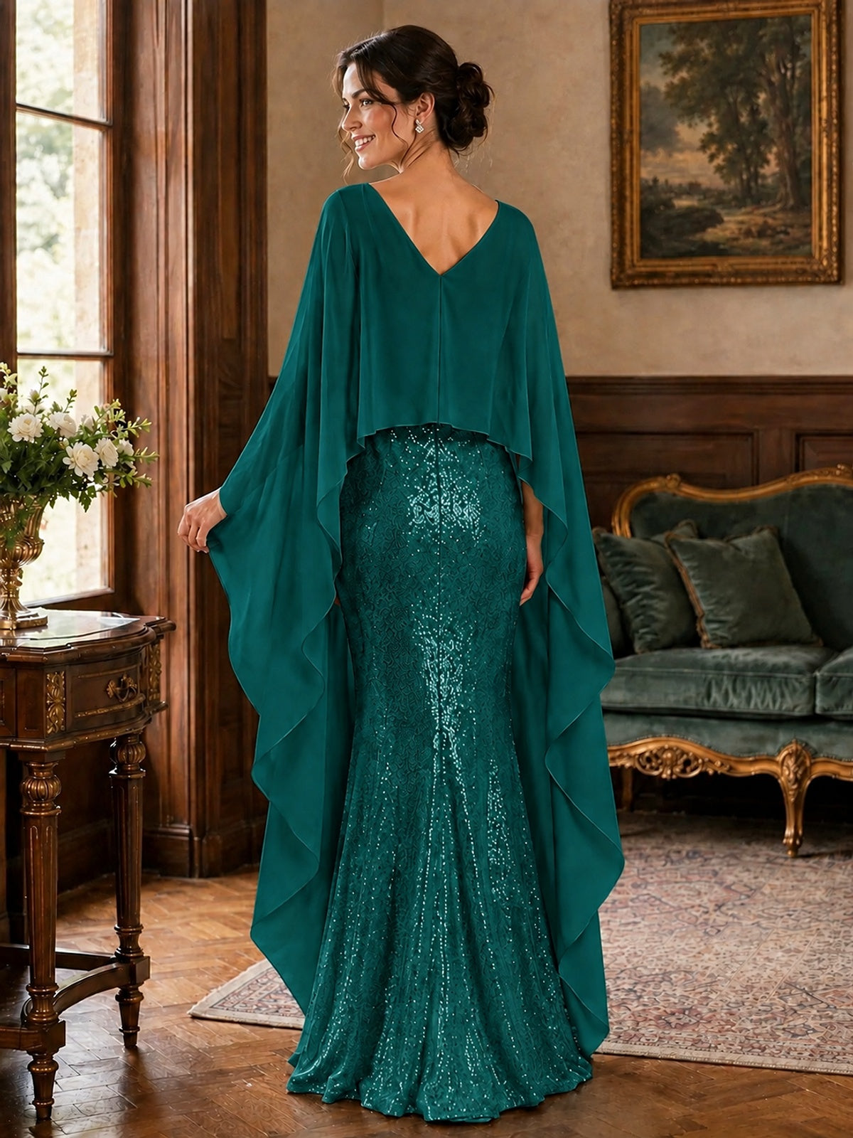 Sequin 2 Pieces Mother of the Bride Dress with Cap Sleeves Chiffon Formal Gowns