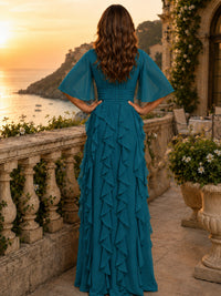 Elegant Chiffon Mother of the Bride Dress with Flutter Sleeves and Ruffle Skirt