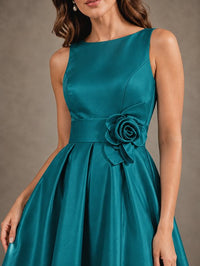 Tea-Length Satin Mother of the Bride Dress with 3D Flower Detail