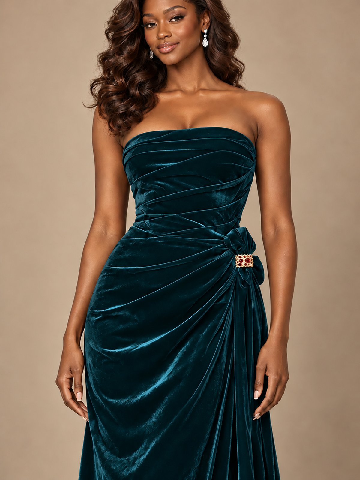Burgundy Velvet Strapless Ruched Prom Dress with Jeweled Side Drape