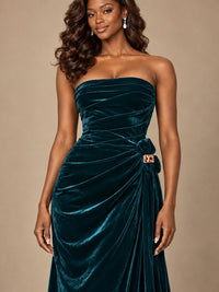 Burgundy Velvet Strapless Ruched Prom Dress with Jeweled Side Drape