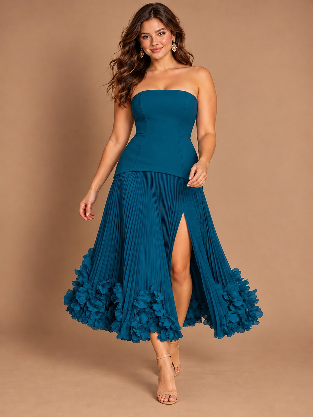 Navy Blue Strapless Pleated A-Line Midi Dress with 3D Floral Applique