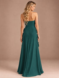 Yellow Strapless A-line Satin Maxi Dress with 3D Floral