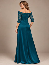 Satin Mother of the Bride Dress with Lace Sleeves Off Shoulder Formal Gown