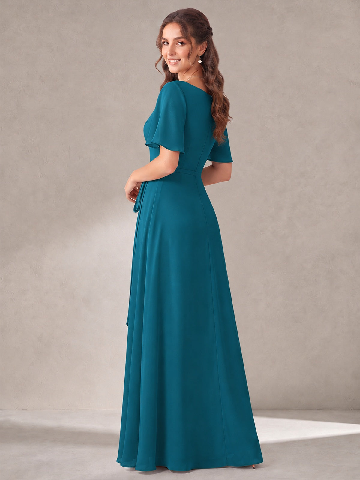 Scoop Neck A-line Chiffon Bridesmaid Dress with Flutter Sleeve & Belt