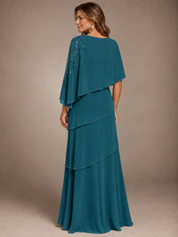 Elegant Chiffon Cape Sleeve Beaded Mother of the Bride Dress